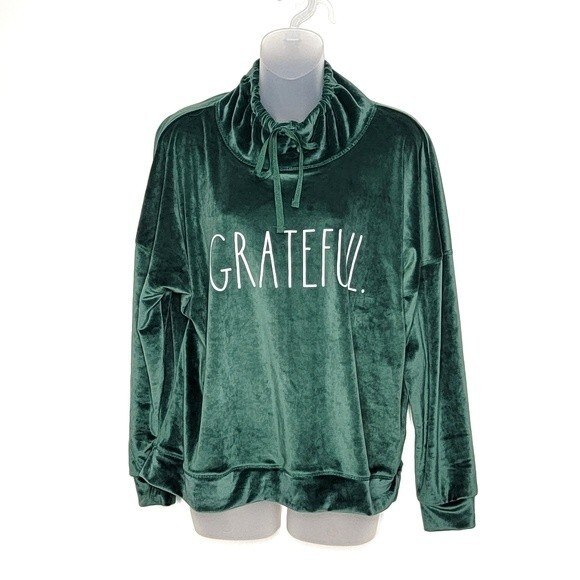 Rae Dunn Green Velour "Grateful" Funnel Neck Sweatshirt - Picture 1 of 5